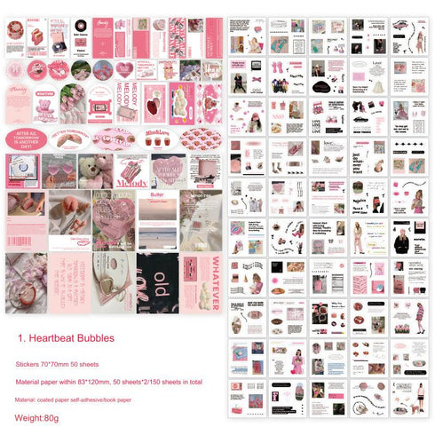 150 Pcs Scrapbook Kit 50 Sheets Sticker and 100Pcs Material Paper