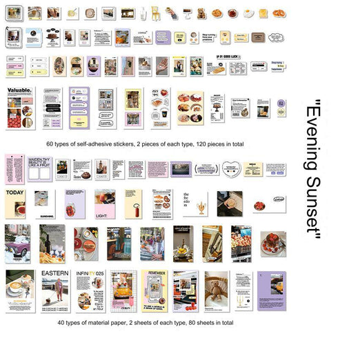 200 Pcs - Scrapbook Kit 120 Stickers + 80 Material Papers| Insta Style