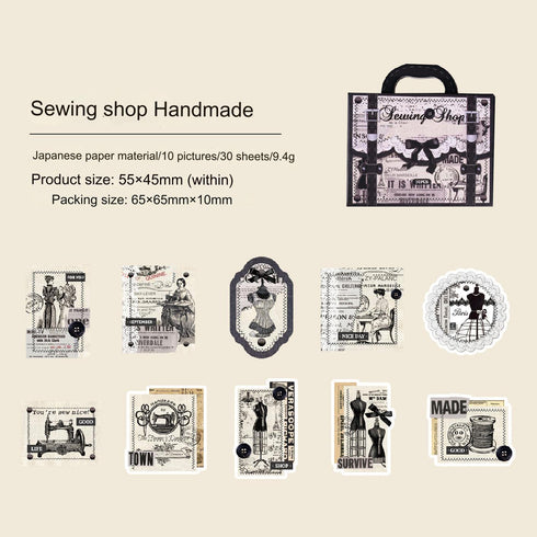 30 Pcs - Retro Sewing Scrapbook Stickers Box | Handmade Theme