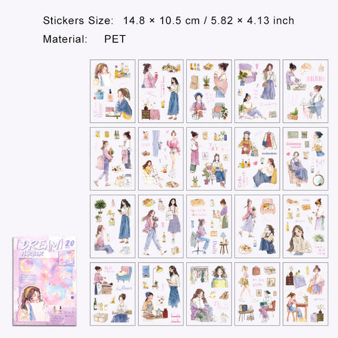 20 Sheets - PET Die Cut Vintage Character Sticker Book | Daily Life Style