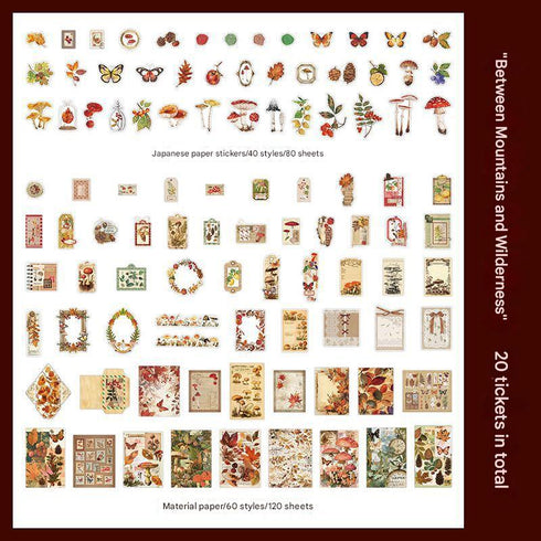 200 Pcs - Scrapbook Kit 80 Stickers + 120 Material Papers| Vintage Style